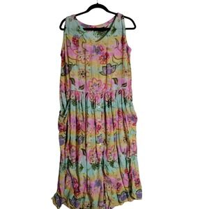 Bila Colorful Floral  Midi Casual Dress Pockets Woman's Size Medium
